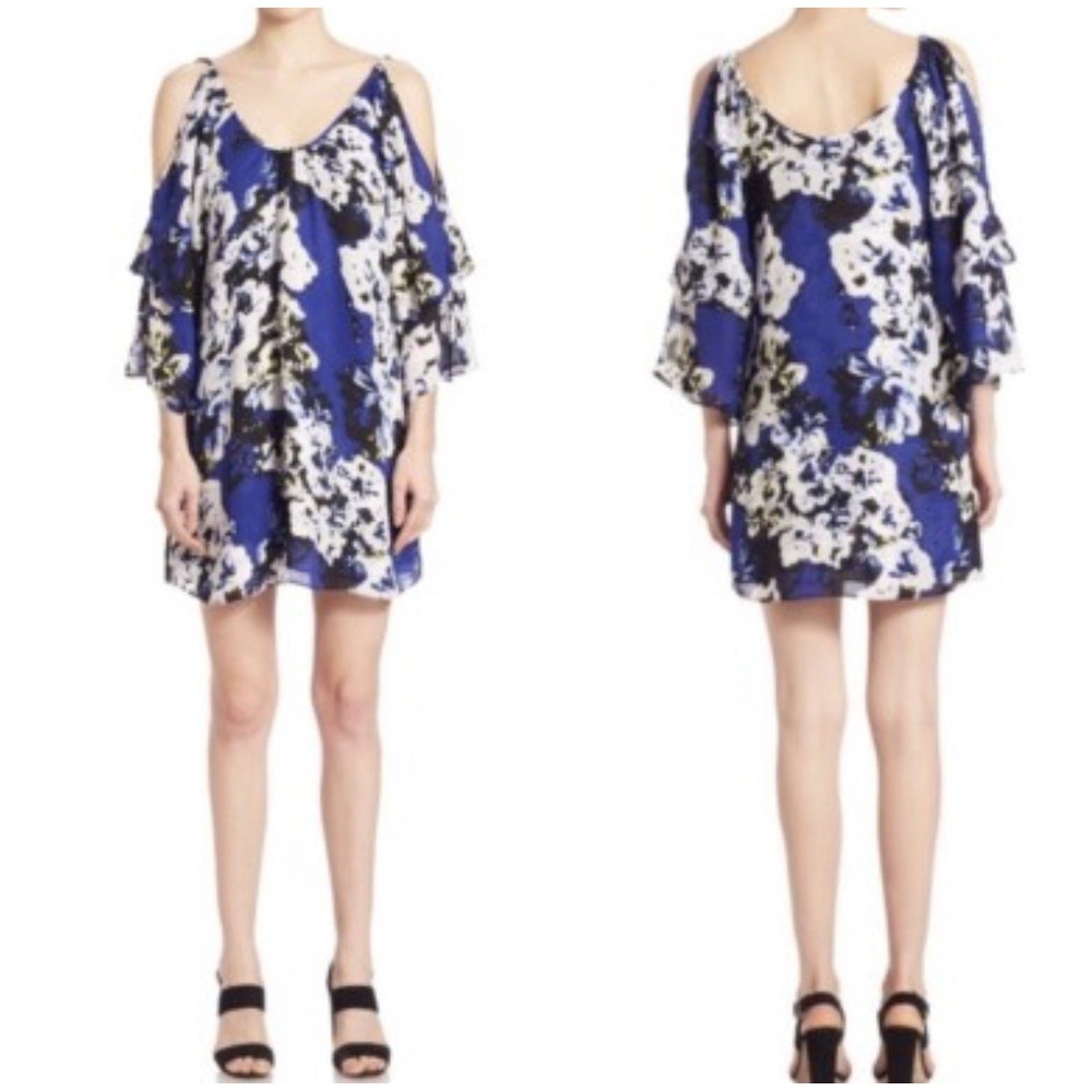 Parker Women's Blue Floral 100% Silk Cold Shoulder Dress Lined Size XS $265